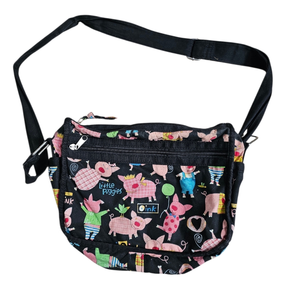 Little Piggies Womens Black Canvas Crossbody Bag Whimsical Archival Statement - Picture 2 of 7